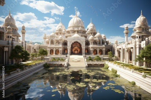 An ornate Hindu temple with devotees offering prayers photo