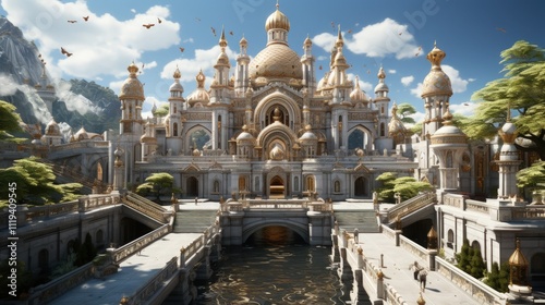 An ornate Hindu temple with devotees offering prayers photo