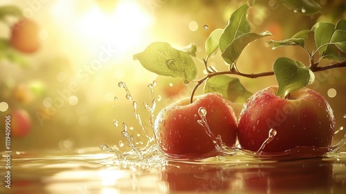 Fresh apples splashing into water, surrounded by dynamic droplets and ripples on a luminous, vibrant backdrop.