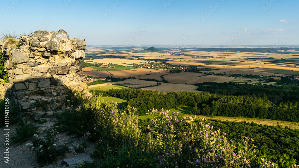 Naklejka premium View of the landscape of the Bohemian Central Highlands from the ruins of Oltářík Castle, Czech Republic.
