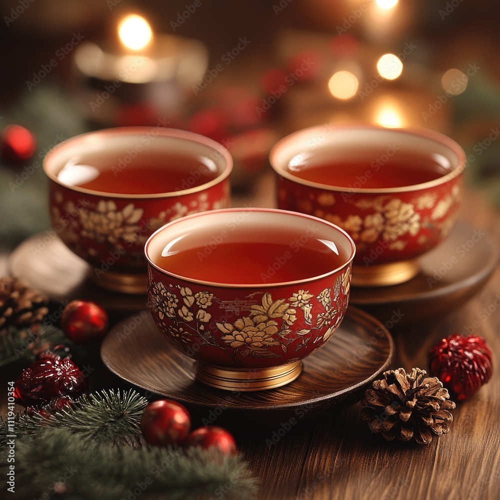 Fototapeta premium Three red cups with gold designs sit on a wooden table with pine cones
