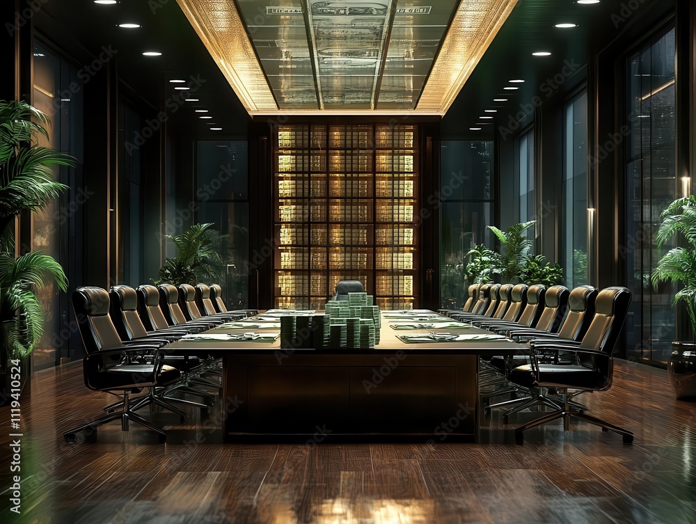 A serene corporate boardroom where capital plans are discussed, stacks of cash glowing under soft ambient light A serene corporate boardroom where capital plans are discussed, stacks of cash glowing under soft ambient light