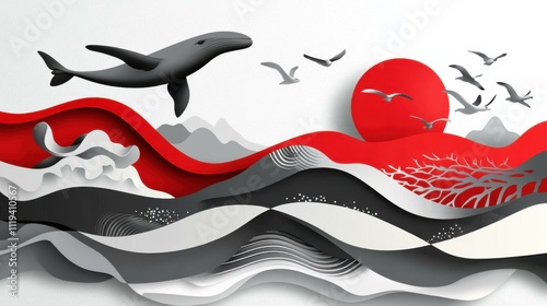 Paper Art Landscape with Whale and Red Sun photo