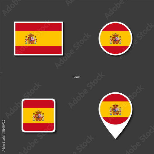 Spain flag icon set in different shape (rectangle, circle, square and marker icon) on dark grey background. Spain sticker icon collection on barely dark background	

