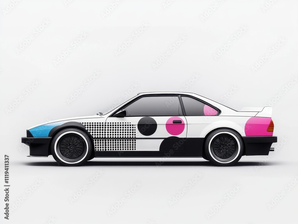 Retro sports car with geometric art design and vibrant colors