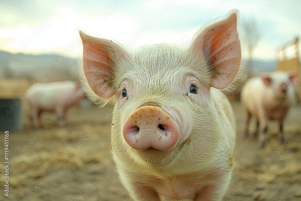 Close-Up Portrait of a Pig on a Farm with Shadows Adding Depth
