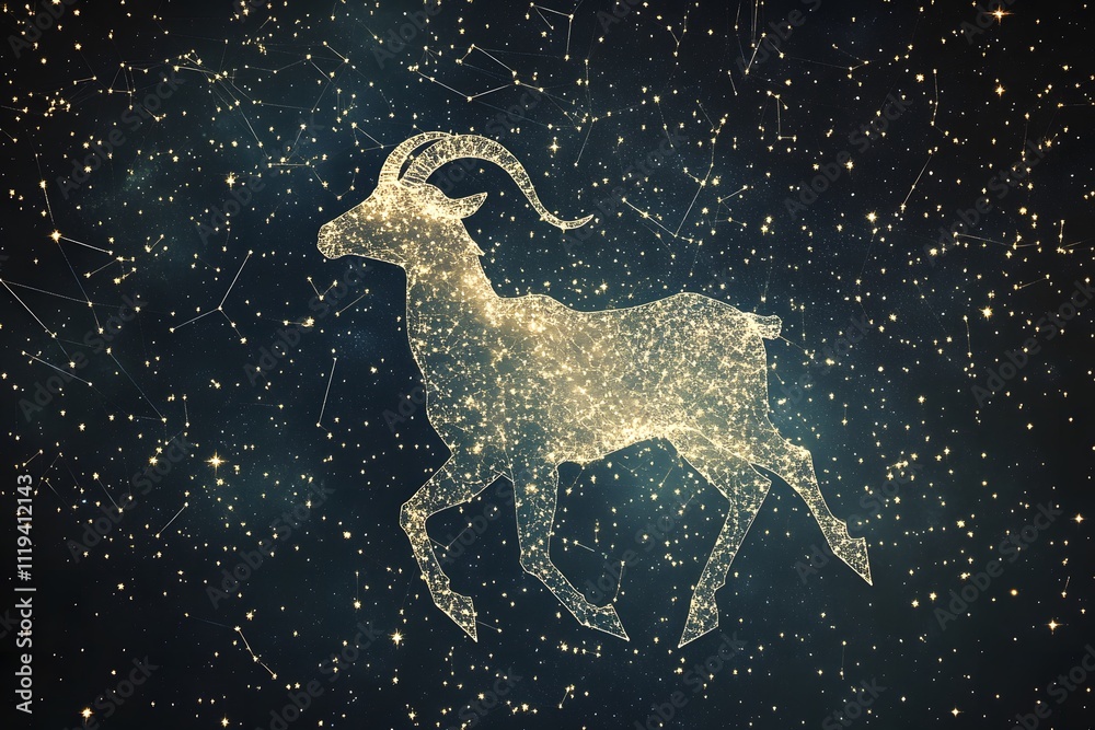 macro, hyper-realistic depiction of the Capricorn constellation as a tiny goat-shaped constellation within a starry sky macro, hyper-realistic depiction of the Capricorn constellation as a tiny goat-shaped constellation within a starry sky