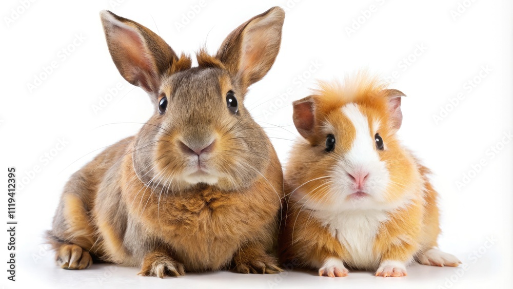 Obraz premium Adorable Dwarf Rabbit and Guinea Pig Friends: White Background Studio Photo