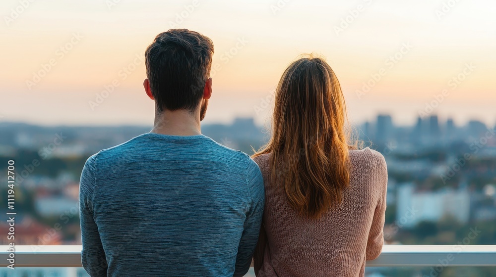 Fototapeta premium Couple sharing a quiet moment on balcony at sunset urban lifestyle emotional connection serene view