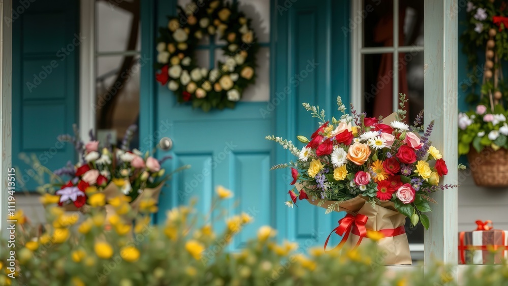 Fototapeta premium Colorful Floral Arrangements and Wreath on a Blue Door, Perfect for Home Decor and Gift Ideas