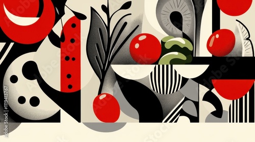 Abstract Geometric Art with Red Circles and Black and White Shapes