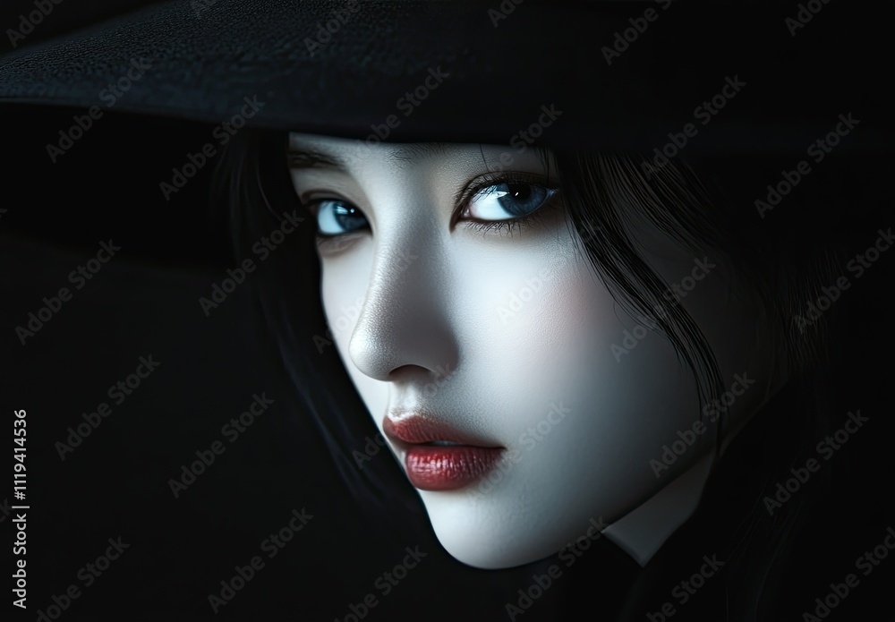 Haunting Elegance: Hyper-Realistic Portrait of a Korean Woman with Glowing Blue Eyes Haunting Elegance: Hyper-Realistic Portrait of a Korean Woman with Glowing Blue Eyes