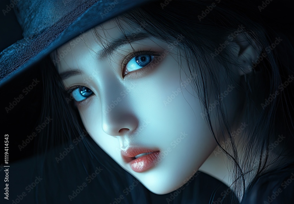Haunting Elegance: Hyper-Realistic Portrait of a Korean Woman with Glowing Blue Eyes