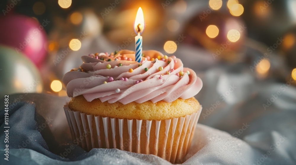A close-up of a beautifully decorated birthday cupcake with a single lit candle, set against a background of twinkling fairy lights and softly focused party decorations.