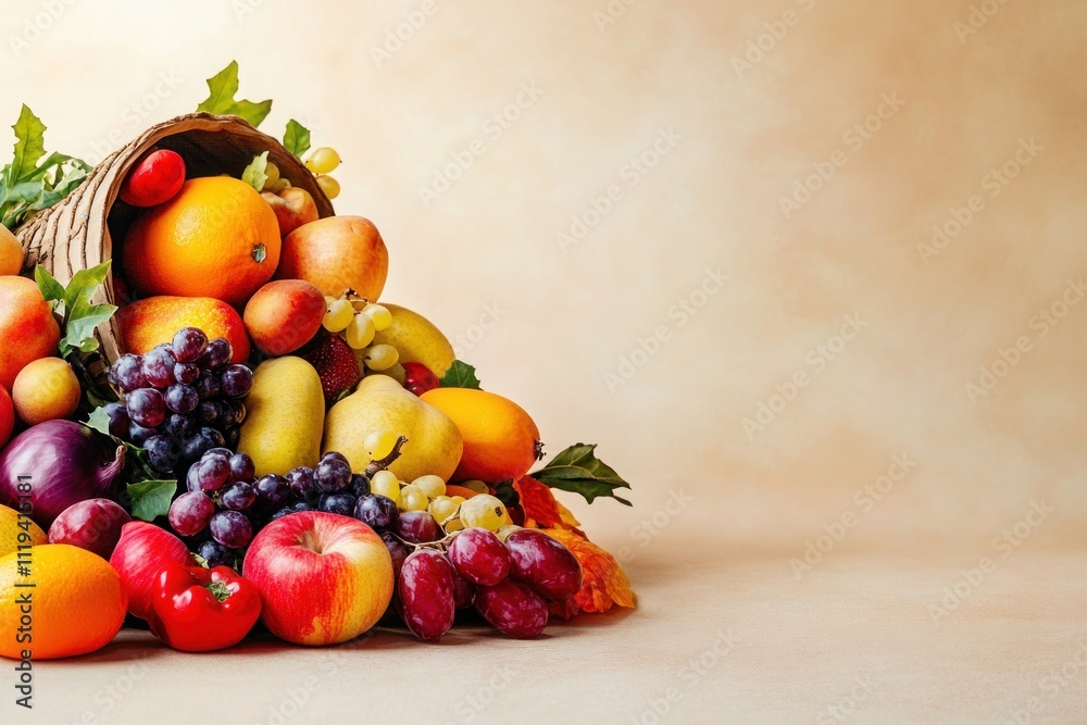 A close-up of a beautiful Thanksgiving cornucopia spilling over with vibrant fruits and vegetables, set against a soft beige background, with space for text beside it. A close-up of a beautiful Thanksgiving cornucopia spilling over with vibrant fruits and vegetables, set against a soft beige background, with space for text beside it.