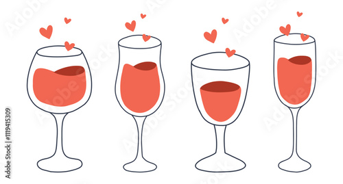 Set of glasses with red wine. Vector illustration. Collection of glasses with sparkling wine champagne. Doodle style.