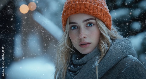 A beautiful woman with blonde hair and blue eyes, wearing an orange beanie, a grey winter coat, and a scarf, looks at the camera