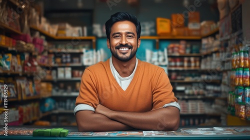 Fototapeta Naklejka Na Ścianę i Meble -  young indian man sitting at small grocery shop