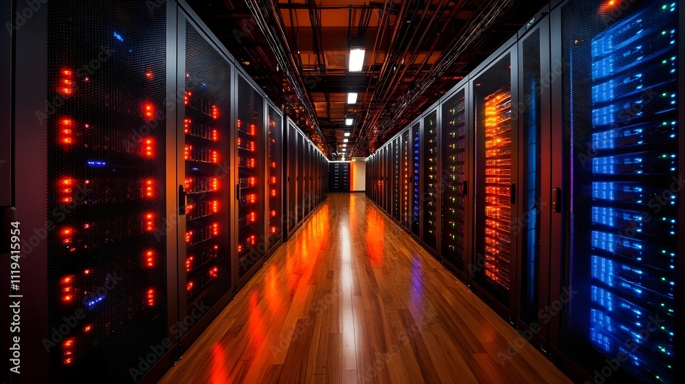 Fototapeta premium A long hallway with many computer servers