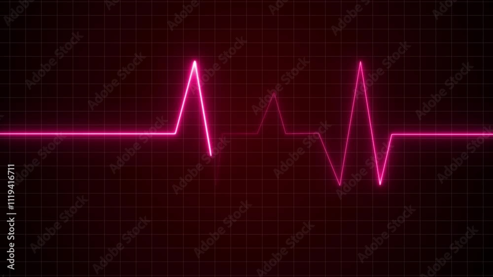 Glowing neon heartbeat pulse animation icon on a grid background. Glowing neon heartbeat pulse animation icon on a grid background.