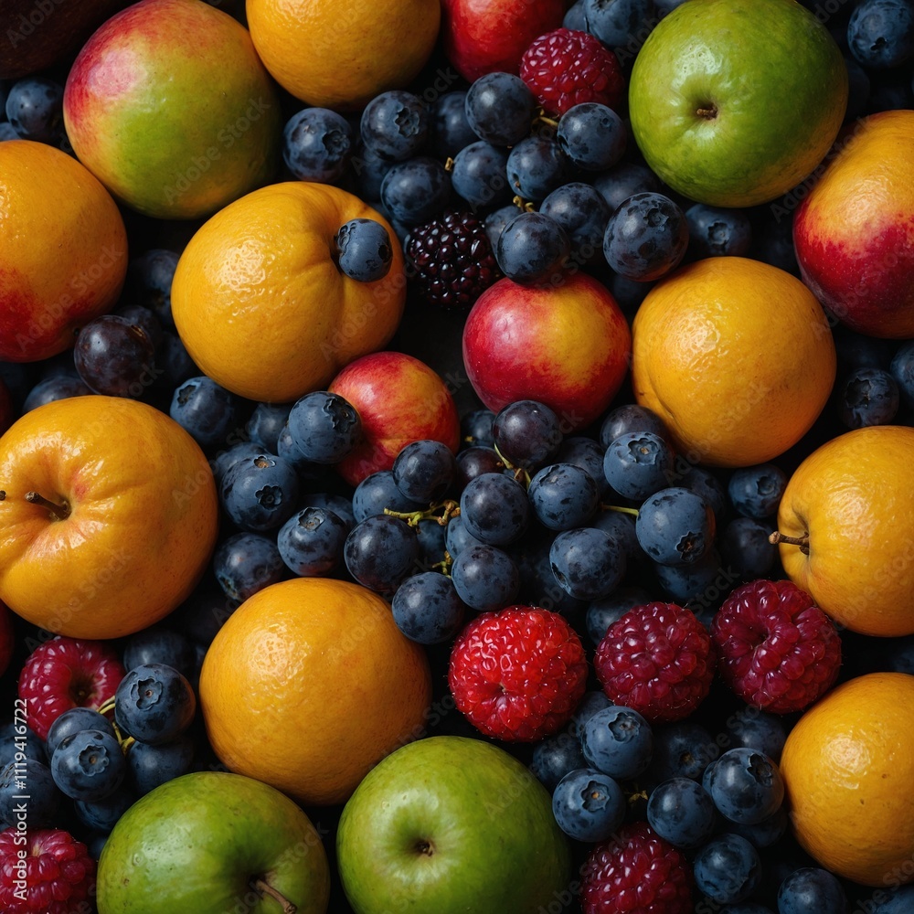A pile of fruits with vibrant colors contrasting against a monochrome setting. A pile of fruits with vibrant colors contrasting against a monochrome setting.