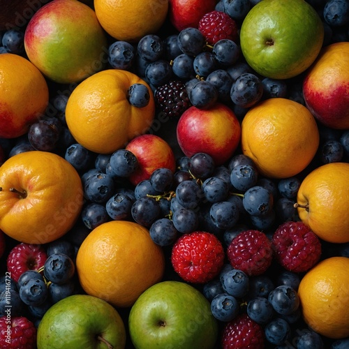 A pile of fruits with vibrant colors contrasting against a monochrome setting.