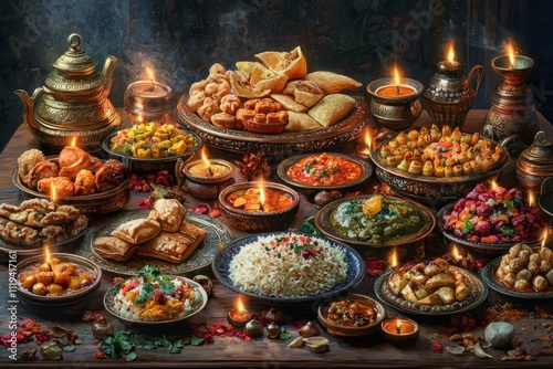 A traditional Diwali feast with various Indian sweets and savory dishes. The table is adorned with colorful decorations