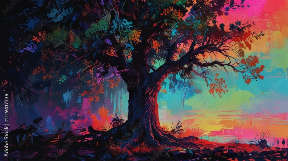 neon glowing colorful tree, neon long branch at night , pastel glitch art neon glowing trees illustration neon glowing colorful tree, neon long branch at night , pastel glitch art neon glowing trees illustration