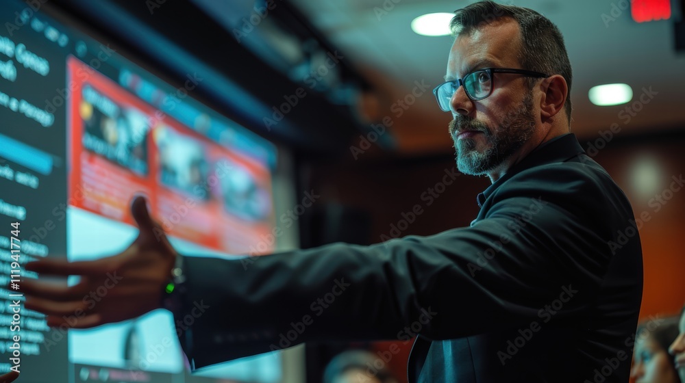 Dynamic image of cyber security expert presenting a seminar on phishing email awareness and online scams. Dynamic image of cyber security expert presenting a seminar on phishing email awareness and online scams.