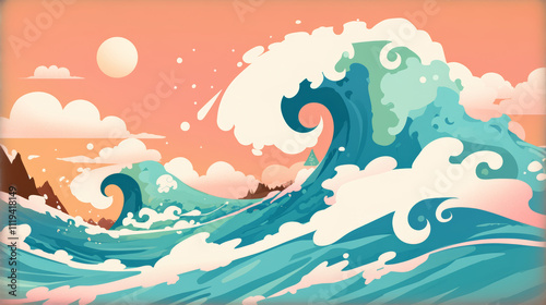 Rolling Ocean Waves Chinese Style Traditional Art Cloud Sea Auspicious Clouds Illustration	