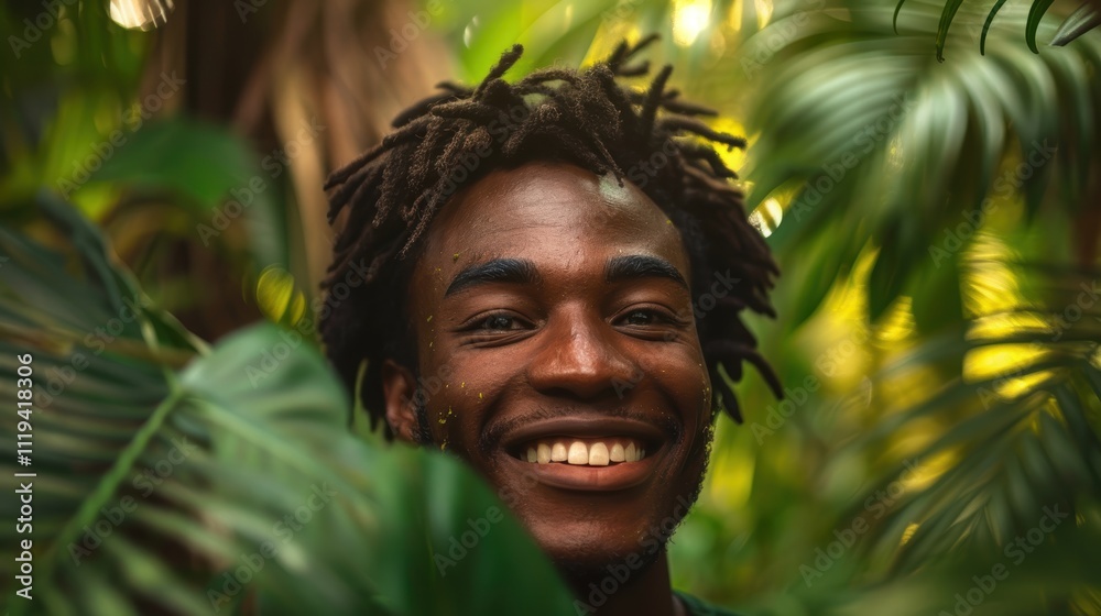 A dynamic shot of a person smiling with a lush green backdrop, highlighting the refreshing and natural feel of green as a color of positivity and energy A dynamic shot of a person smiling with a lush green backdrop, highlighting the refreshing and natural feel of green as a color of positivity and energy