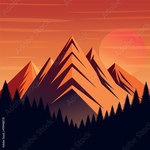 Mountain Peaks Sunset Silhouette Art