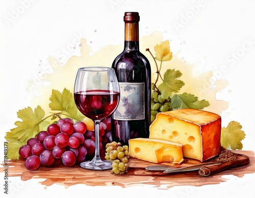 A watercolor wine bottle and glass, with grapes and cheese on the side