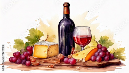 A watercolor wine bottle and glass, with grapes and cheese on the side