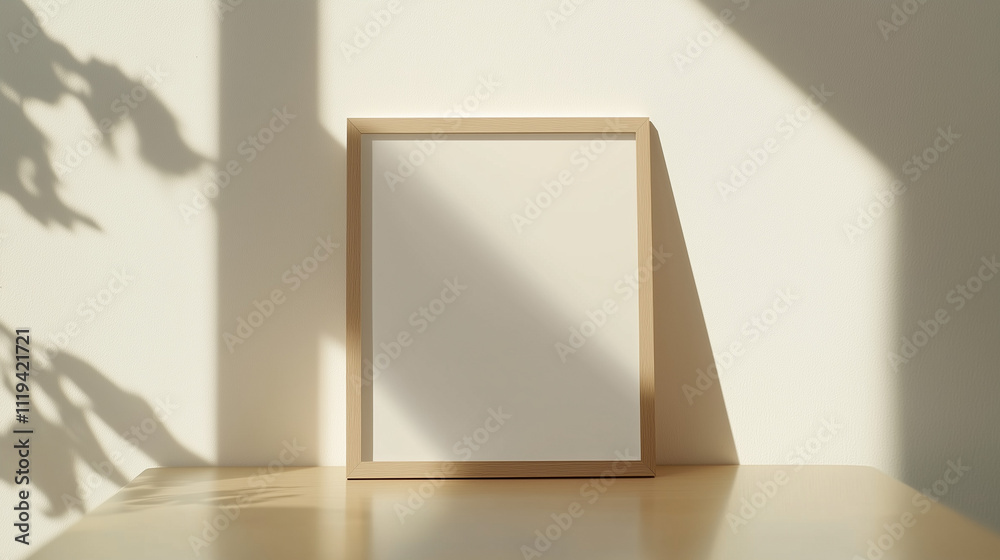 Minimalist white photo frame mockup with smooth wooden frame, placed vertically on a table with a clean white background, Ai generated images