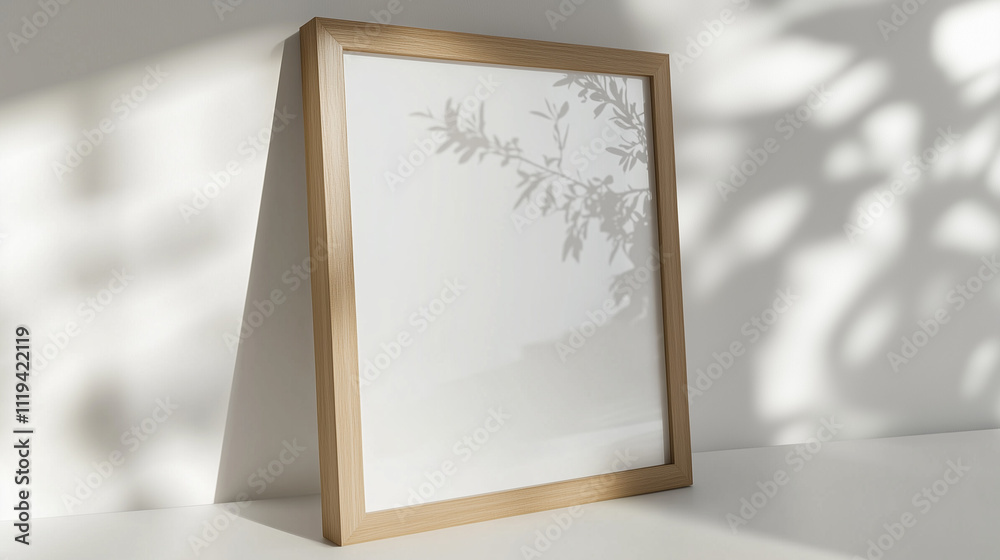 Minimalist white photo frame mockup with smooth wooden frame, placed vertically on a table with a clean white background, Ai generated images Minimalist white photo frame mockup with smooth wooden frame, placed vertically on a table with a clean white background, Ai generated images