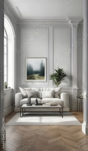 a view of a living room with a couch, chair, and table