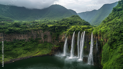 Waterfall Mountain Peaks Green Trees River Flow Valley Forest Outdoor Travel Natural Scenery	