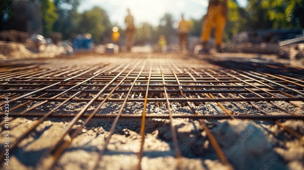 Close-up view of steel reinforcement grid at construction site in sunlight Close-up view of steel reinforcement grid at construction site in sunlight