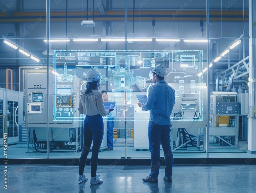 Two Engineers Working with Interactive Hologram in a Factory Two Engineers Working with Interactive Hologram in a Factory