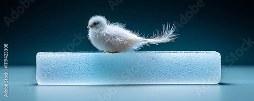 ultralight aerogel demonstration, feather resting on aerogel block, surreal lighting, weightless effect photo