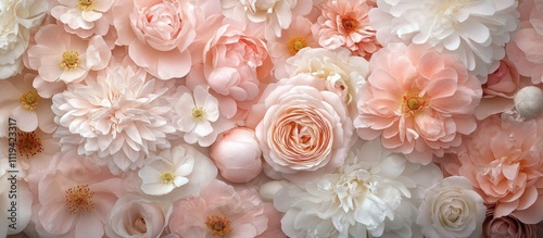 Close-up of delicate peach and white flowers, creating a soft and romantic floral arrangement.