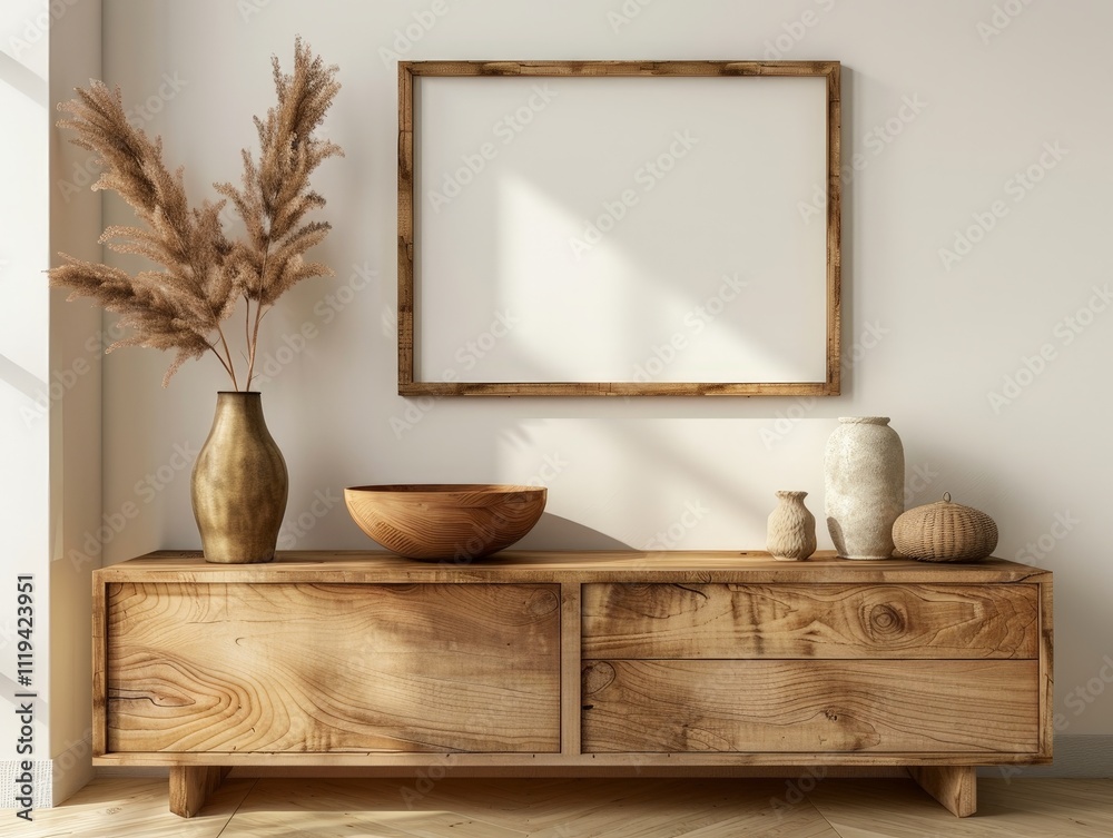 Modern Minimalist Living Room with Wooden Console Table and Stylish Decor Modern Minimalist Living Room with Wooden Console Table and Stylish Decor