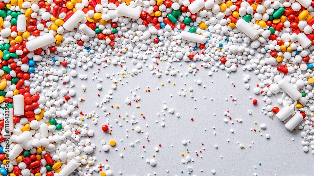Obraz premium biodegradable plastics, colorful polymer particles, environmental sustainability focus, natural background contrast