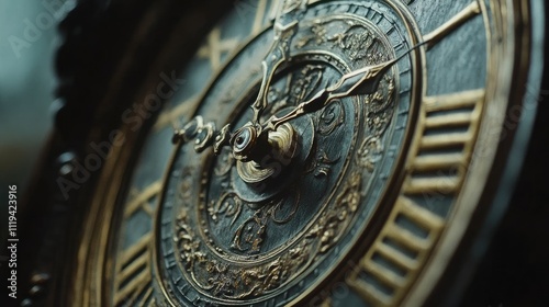 Close-up of an antique clock face with Roman numerals and ornate details. photo