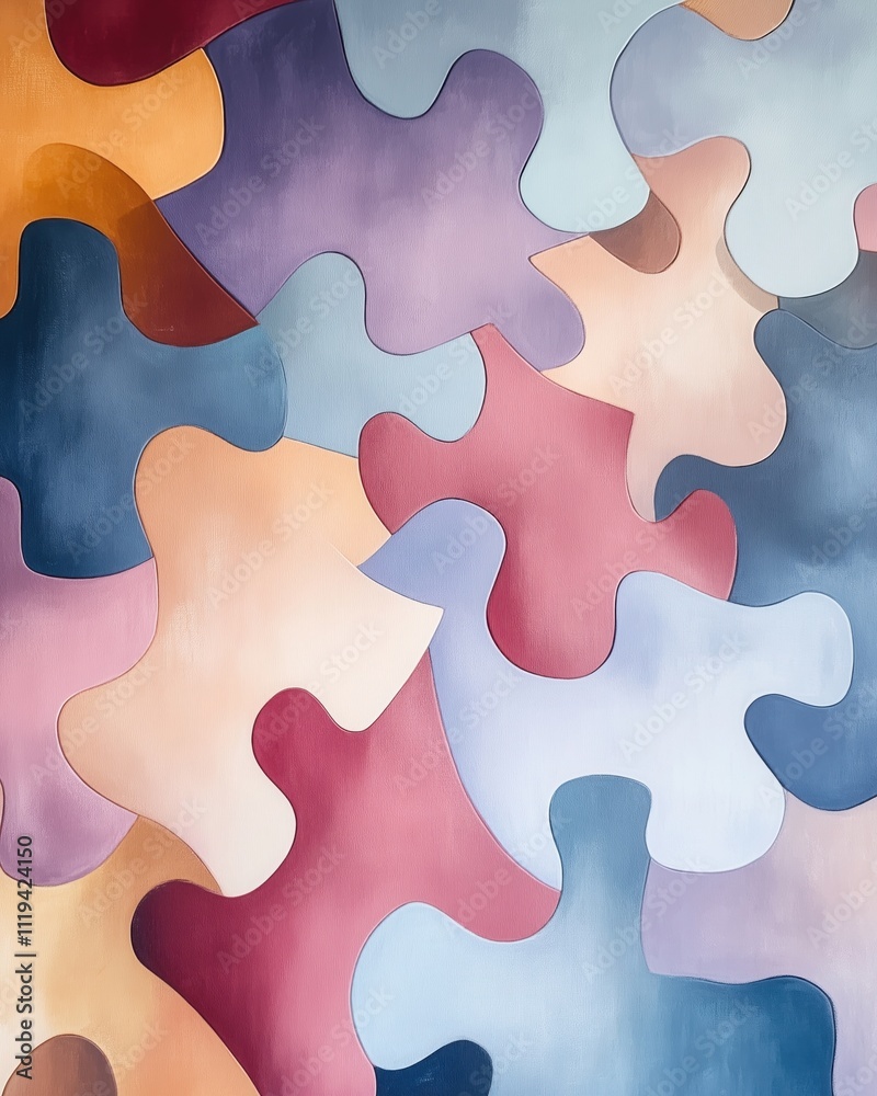 Obraz premium Abstract representation of teamwork, Pastel Color Geometric shapes interlocking like puzzle pieces, soft shadows illustration and a spacious composition