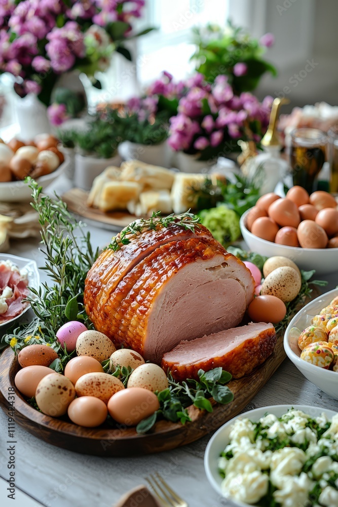 A beautiful Easter brunch with ham, deviled eggs, and hot cross buns. The family is enjoying the meal A beautiful Easter brunch with ham, deviled eggs, and hot cross buns. The family is enjoying the meal