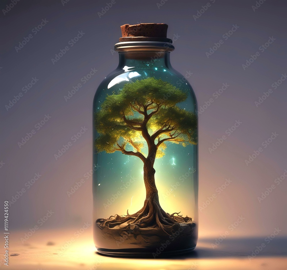 Illustration of fantasy tree inside bottle. Illustration of fantasy tree inside bottle.