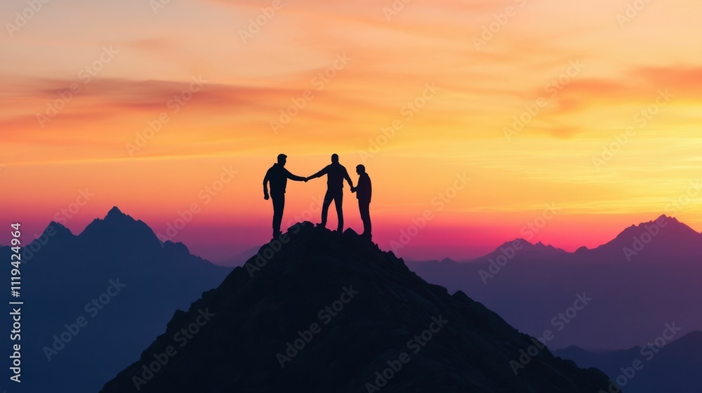 Silhouetted figures standing together on a mountain peak at sunset showcasing the power of teamwork and to achieve business success and collective goals Silhouetted figures standing together on a mountain peak at sunset showcasing the power of teamwork and to achieve business success and collective goals