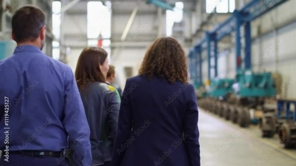 Wide Shot of Leader Guiding Team During Site Visit with Industrial Facility Background Wide Shot of Leader Guiding Team During Site Visit with Industrial Facility Background